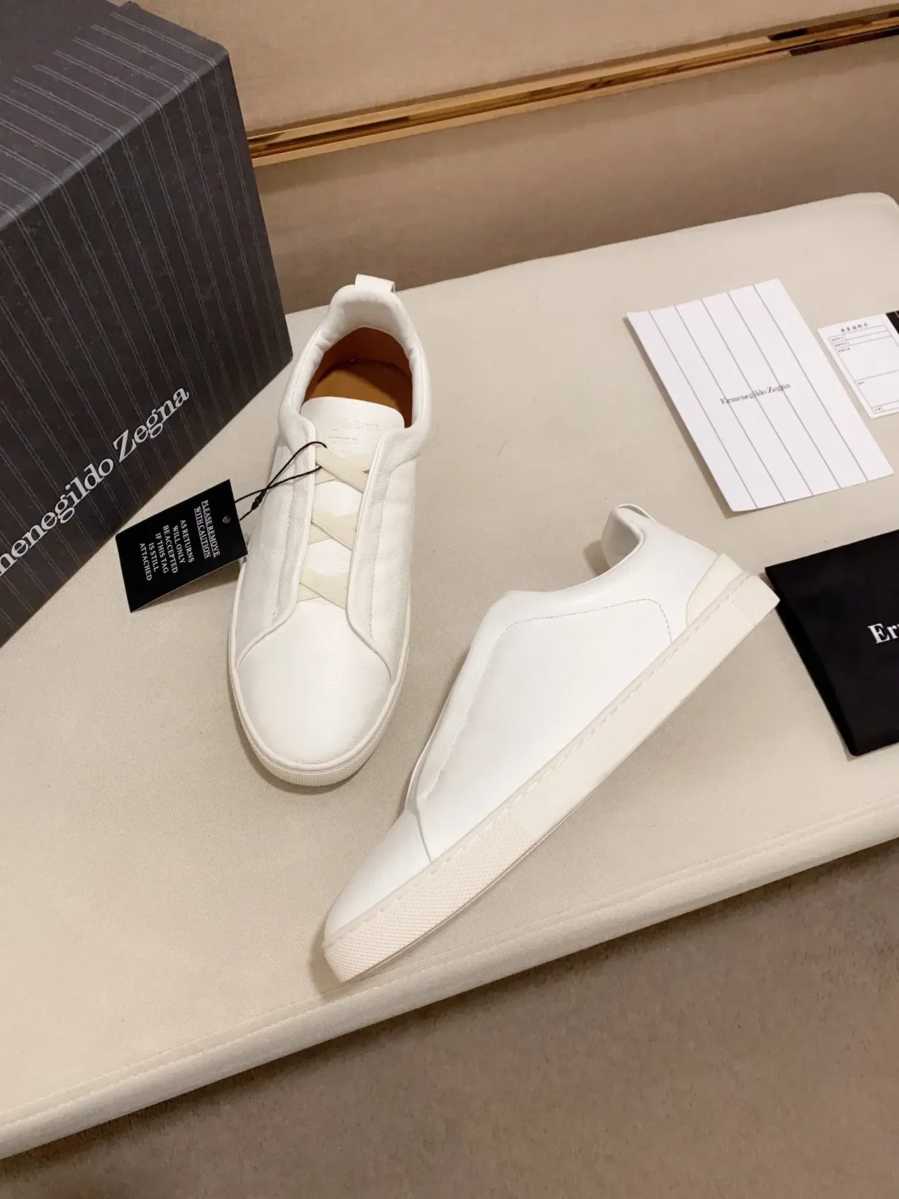 Zegna 白色皮革无鞋带生活方式运动鞋 4