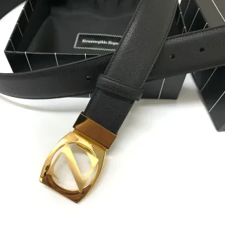 Zegna Z Monogram बकल बेल्ट काला सोना पूर्ण त्वचा पट्टा चमकदार ढाल आकार चमड़े का बेल्ट