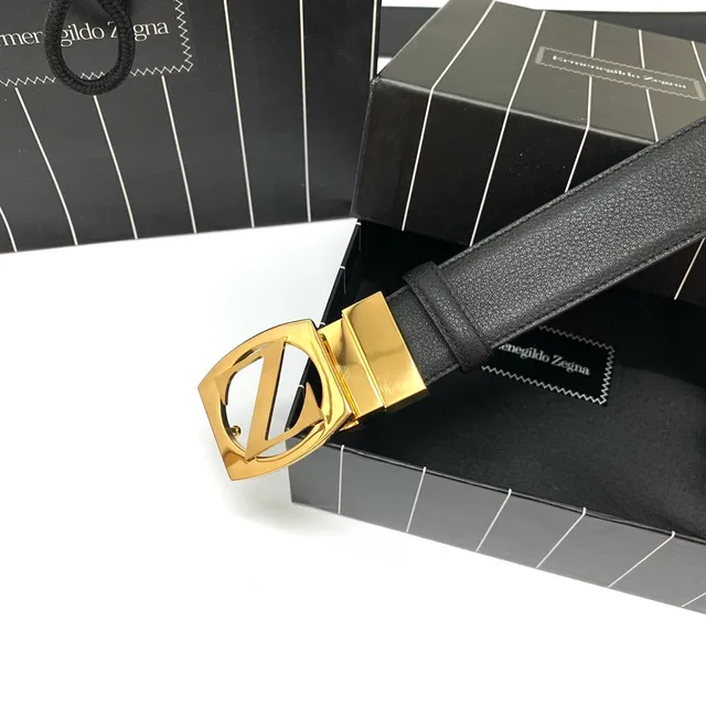 Zegna Z Monogram Correa con hebilla Negro Dorado Correa de cuero de grano completo pulida forma de escudo 3