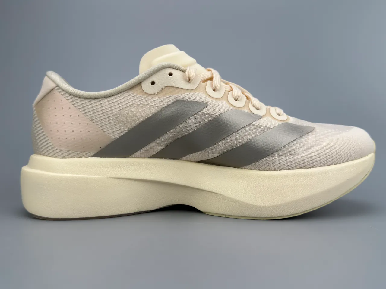Adidas Beige Silver Lightweight Mesh Upper Metallic Three Stripes Running Shoes 10
