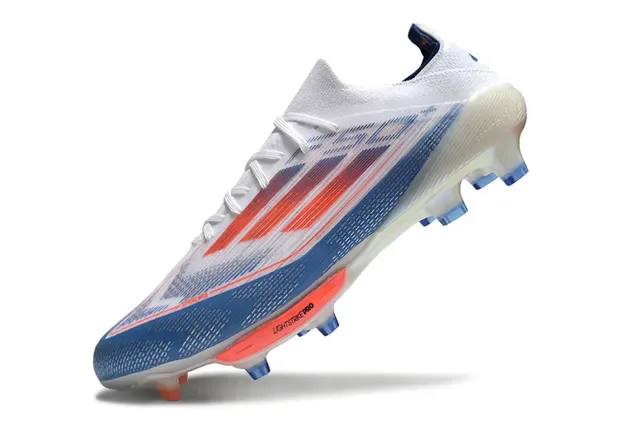 Adidas F50 White Blue Upper de Knit Ligero Rayas Gradientes Rojo a Naranja Zapatos de Fútbol para Césped Firme 3