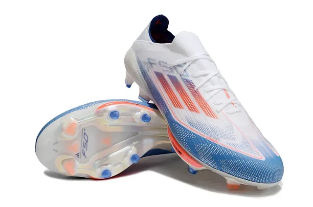 Adidas F50 White Blue Upper de Knit Ligero Rayas Gradientes Rojo a Naranja Zapatos de Fútbol para Césped Firme 4