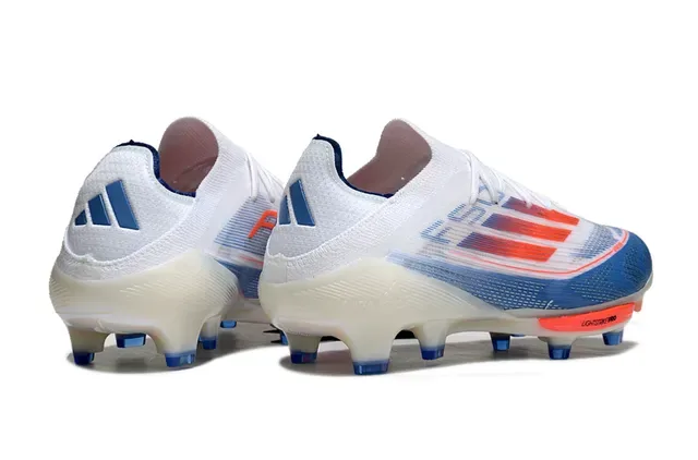 Adidas F50 White Blue Upper de Knit Ligero Rayas Gradientes Rojo a Naranja Zapatos de Fútbol para Césped Firme 5