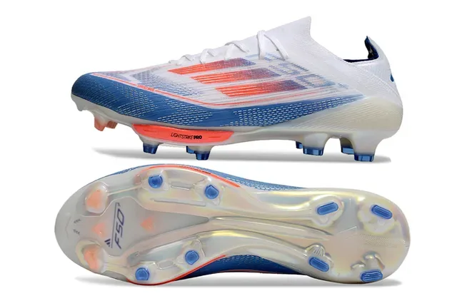 Adidas F50 White Blue Upper de Knit Ligero Rayas Gradientes Rojo a Naranja Zapatos de Fútbol para Césped Firme 6