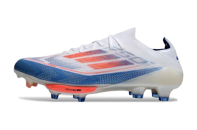 Adidas F50 White Blue Upper de Knit Ligero Rayas Gradientes Rojo a Naranja Zapatos de Fútbol para Césped Firme 7