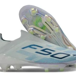 Adidas F50 Blanco Azul Zapatillas de Fútbol Tacón Bajo Upper Ajuste Calcetín Transparente Iridiscente Suela Césped Artificial