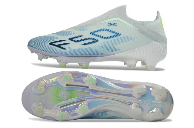 Adidas F50 Blanc Bleu Chaussures de Football Basse Tige Ajustement Chaussette Transparente Iridescente Semelle Terrain Ferme 6