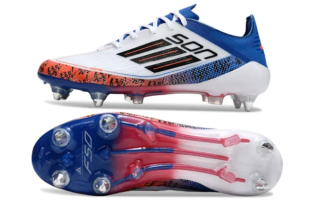 Adidas F50 Branco Azul Baixo Corte Focado na Velocidade Campo Firme Sapatos de Futebol 6