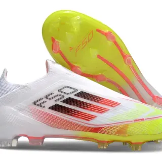 Adidas F50 blanc jaune collet sock-fit rayures rouges en dégradé chaussures de football pour terrain ferme