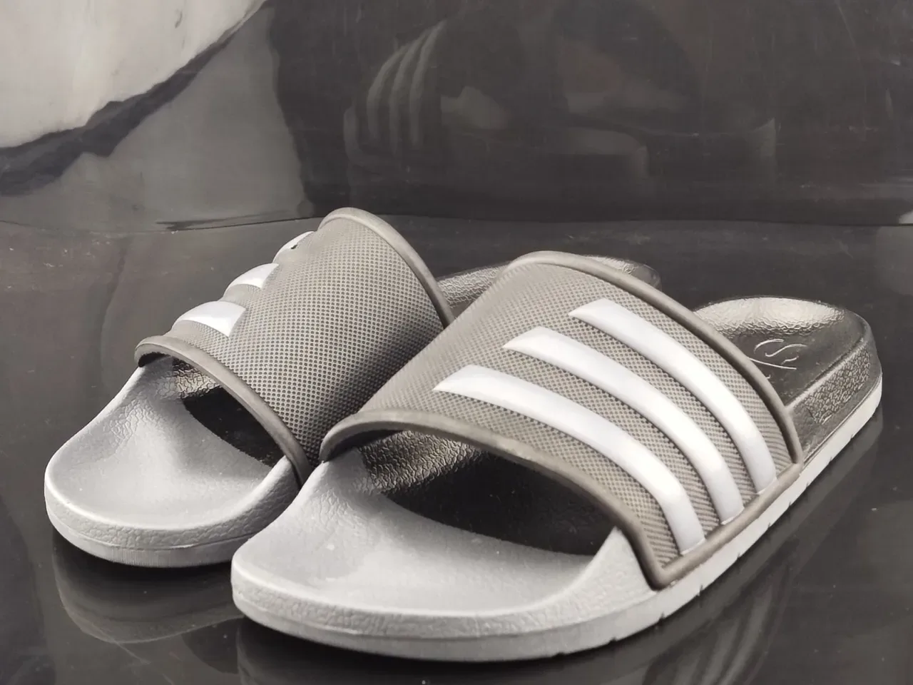 Adidas Gray Black Molded EVA Sole Perforated Mesh Strap Slippers 2