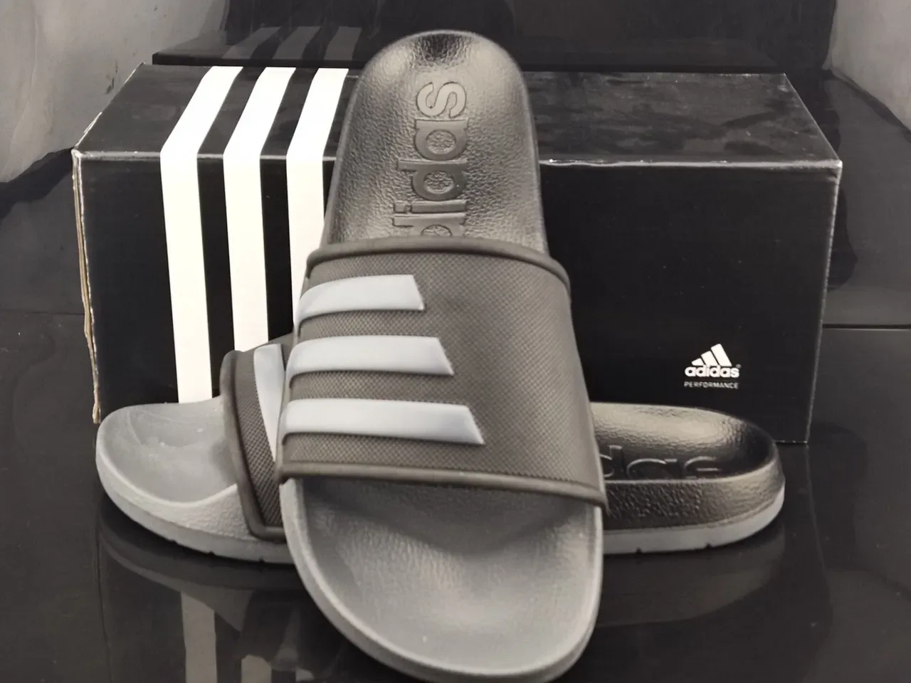Adidas Gray Black Molded EVA Sole Perforated Mesh Strap Slippers 3