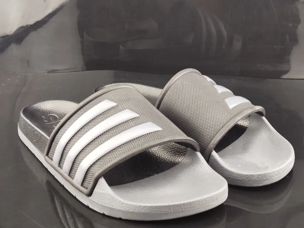 Adidas Gray Black Molded EVA Sole Perforated Mesh Strap Slippers 4