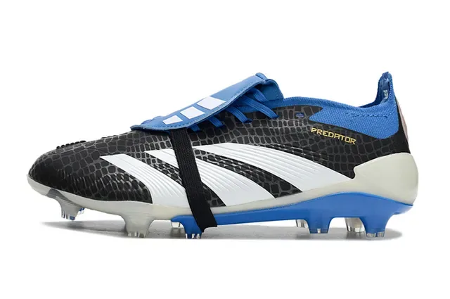 Adidas Predator Black Blue Snake-Skin Textured Upper Three White Stripes Firm-Ground Soccer Shoes 8