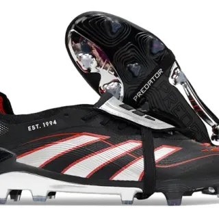Adidas Predator Negro Rojo Sin Cordones Cierre con Correa Superposición Gráfica de Tres Rayas Zapatos de Fútbol para Campo Firme