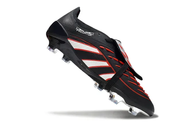 Adidas Predator 黑红 無鞋帶 帶式系帶 三條紋圖案覆蓋 人工草地足球鞋 2