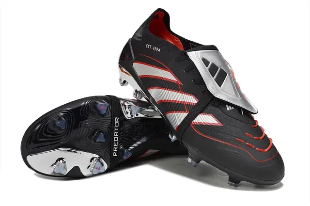 Adidas Predator 黑红 無鞋帶 帶式系帶 三條紋圖案覆蓋 人工草地足球鞋 4