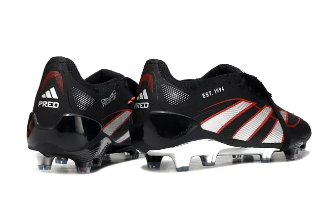 Adidas Predator 黑红 無鞋帶 帶式系帶 三條紋圖案覆蓋 人工草地足球鞋 5