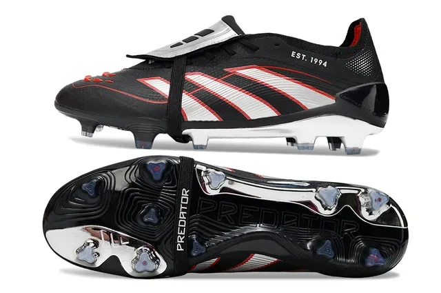 Adidas Predator 黑红 無鞋帶 帶式系帶 三條紋圖案覆蓋 人工草地足球鞋 6
