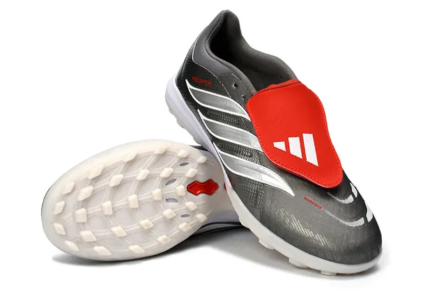 Adidas Predator Grey Red बिना लेस के पट्टा बंदी धातु चांदी टेक्स्चर्ड ऊपरी टर्फ फुटबॉल जूते 4