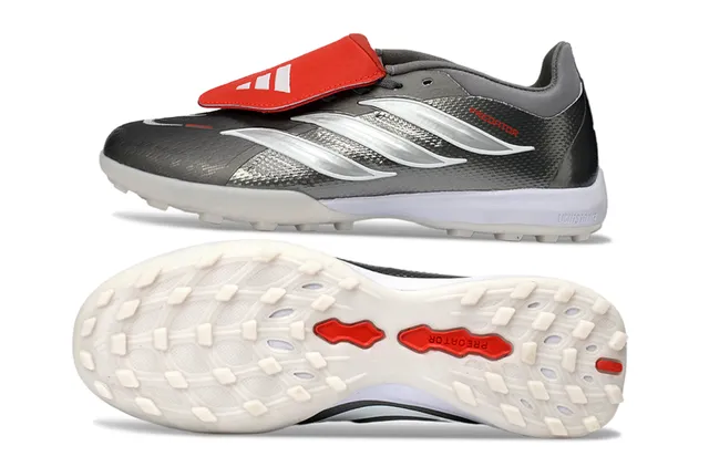 Adidas Predator Grey Red बिना लेस के पट्टा बंदी धातु चांदी टेक्स्चर्ड ऊपरी टर्फ फुटबॉल जूते 7