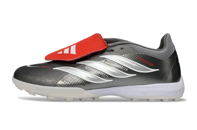 Adidas Predator Grey Red बिना लेस के पट्टा बंदी धातु चांदी टेक्स्चर्ड ऊपरी टर्फ फुटबॉल जूते 8