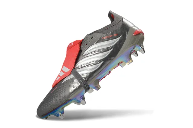 Adidas Predator Botte de football gris rouge low-cut semelle iridescente holographique sol ferme chaussures de soccer 3