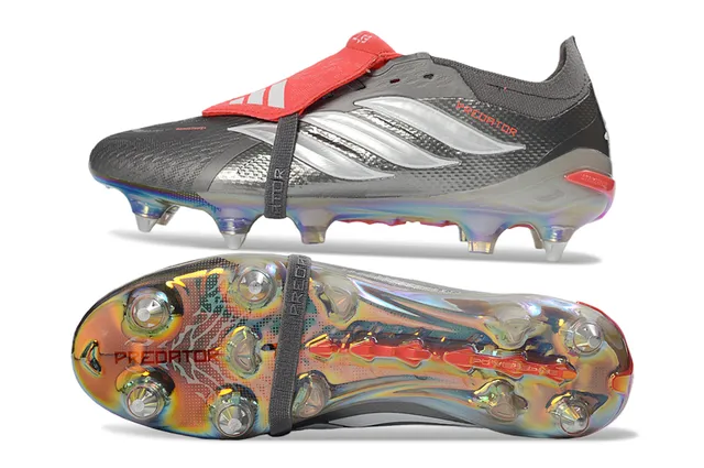 Adidas Predator Botte de football gris rouge low-cut semelle iridescente holographique sol ferme chaussures de soccer 6