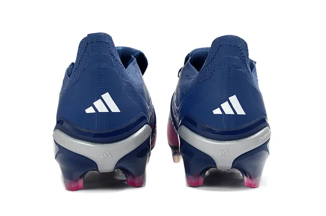 Adidas Predator azul marino rosa bajo corte sin cordones botines iridiscente tres rayas marca terreno firme zapatos de fútbol 4