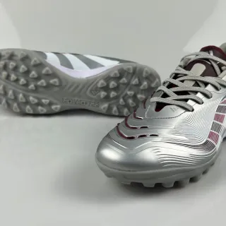 Adidas Predator Silver Burgundy Metallic Synthetic Upper Maroon Stripe Accents Artificial-Grass Soccer Shoes