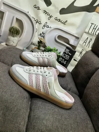 Adidas Samba mocassins mules sans talon blanc cassé rose à rayure tissée 7