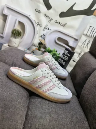 Adidas Samba mocassins mules sans talon blanc cassé rose à rayure tissée 9