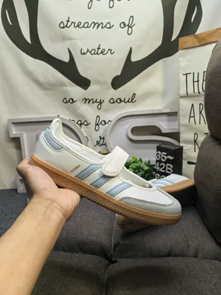 Adidas Samba Beige Blue Laceless Three-Stripe Side Panel Mary Jane Shoes 5