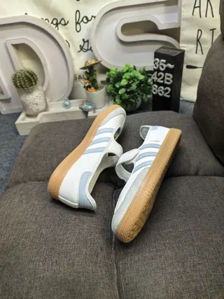 Adidas Samba Beige Blue Laceless Three-Stripe Side Panel Mary Jane Shoes 6