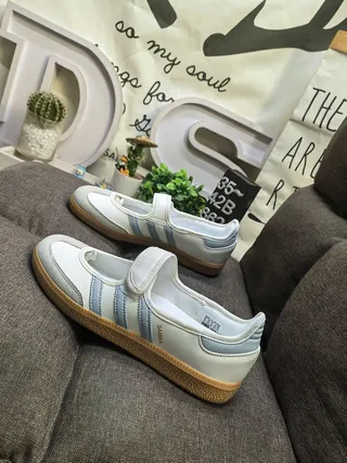 Adidas Samba Beige Blue Laceless Three-Stripe Side Panel Mary Jane Shoes 7
