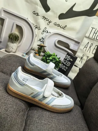 Adidas Samba Beige Blue Laceless Three-Stripe Side Panel Mary Jane Shoes 9