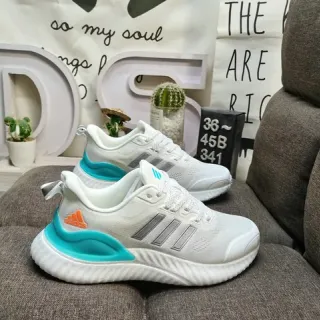 Adidas أبيض أزرق تنفس شبكي أعلى منحوت وسط كعب أسلوب حياة حذاء