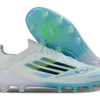 Adidas Chaussures de Football Blancs Bleus Coupe Basse Upper en Maille Lacets Asymétriques Pour Terrain Ferme