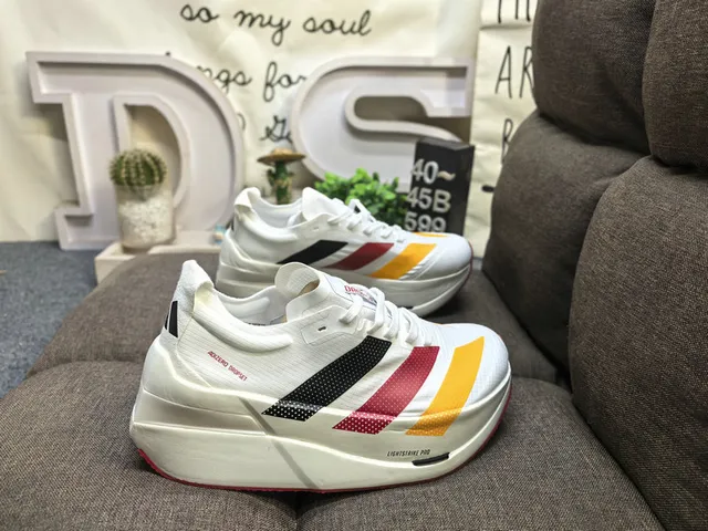 Adidas White Multicolor Engineered Mesh Upper Three-Color Striped Side Panel Running Shoes 1