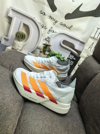 Adidas White Orange Engineered Mesh Upper Sculpted Lightstrike Pro Midsole Running Shoes 7