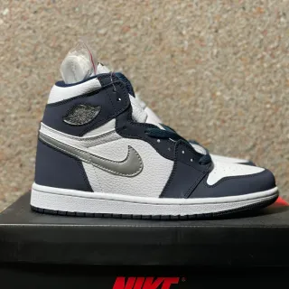 Air Jordan 1 Topo Alto Branco Marinho Prateado Tênis de Basquete