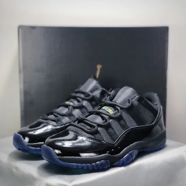 Air Jordan 11 Black Patent Leather Blue Sole Basketball Shoes 2