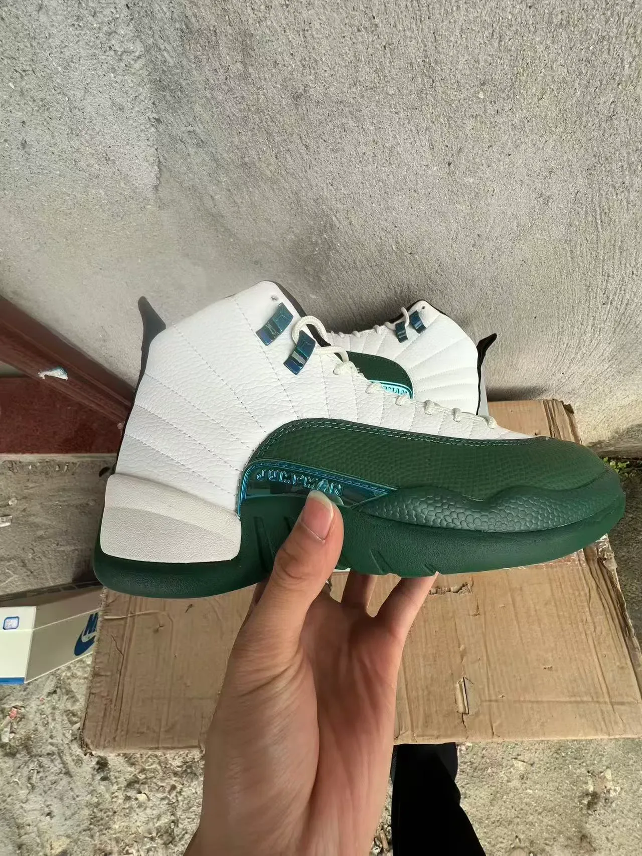 Air Jordan 12 White and Green Quilted Leather Basketball Shoes 7