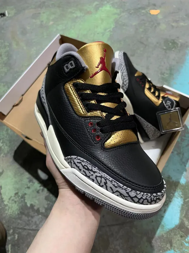 Air Jordan 3 Black Gold Elephant Print Basketball Shoes 2