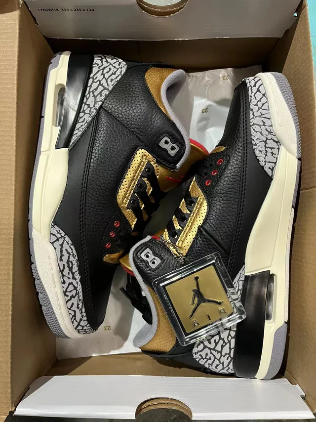 Air Jordan 3 Black Gold Elephant Print Basketball Shoes 6