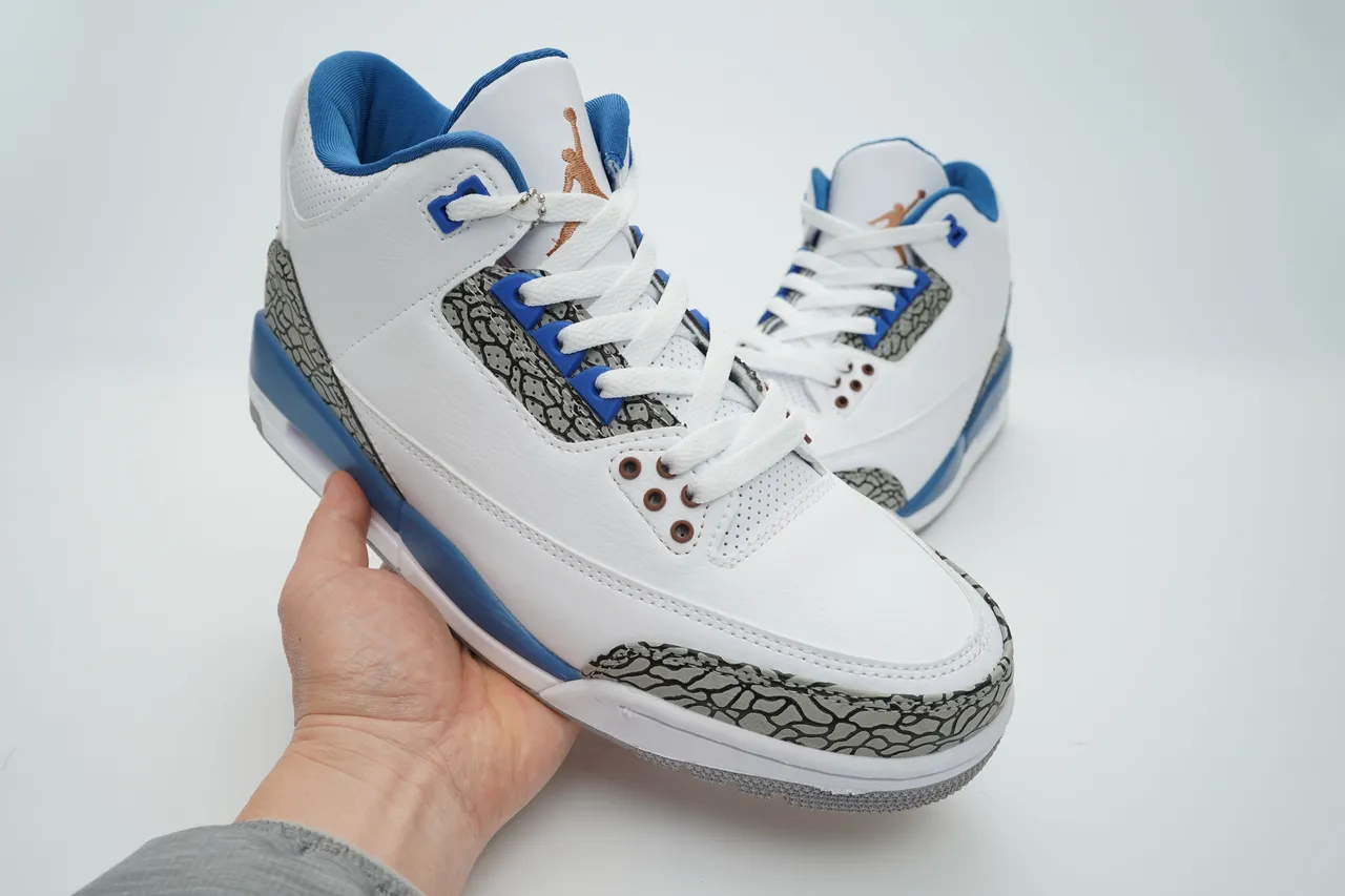 Zapatillas de baloncesto Air Jordan 3 blanco y azul real con estampado de elefante 7