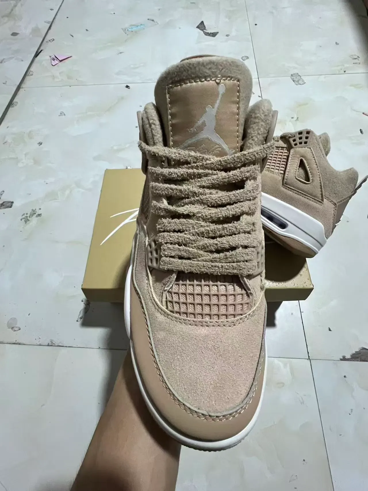 Air Jordan 4 Beige Suede Mesh High-Top Basketball Shoes 3