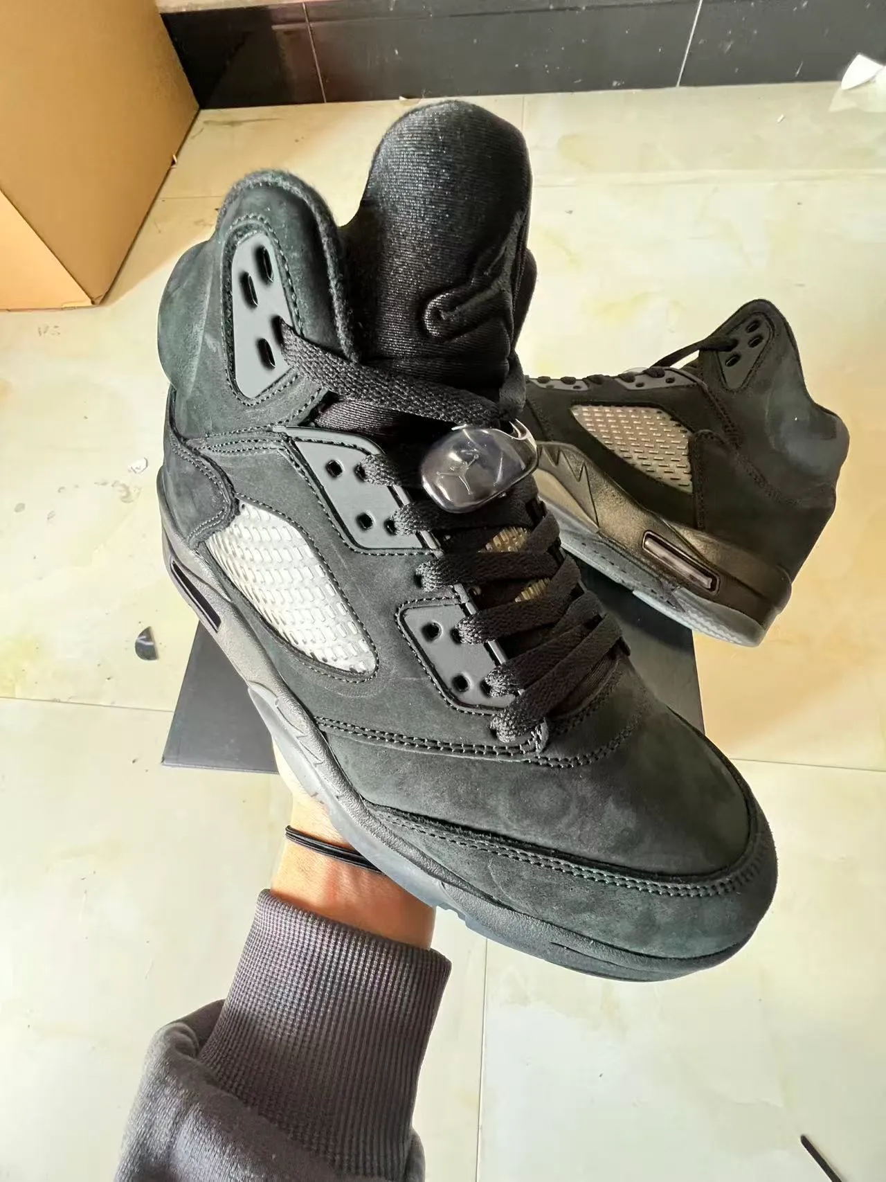 Air Jordan 5 Tout Noir Cuir suédé Chaussures de basket-ball 2