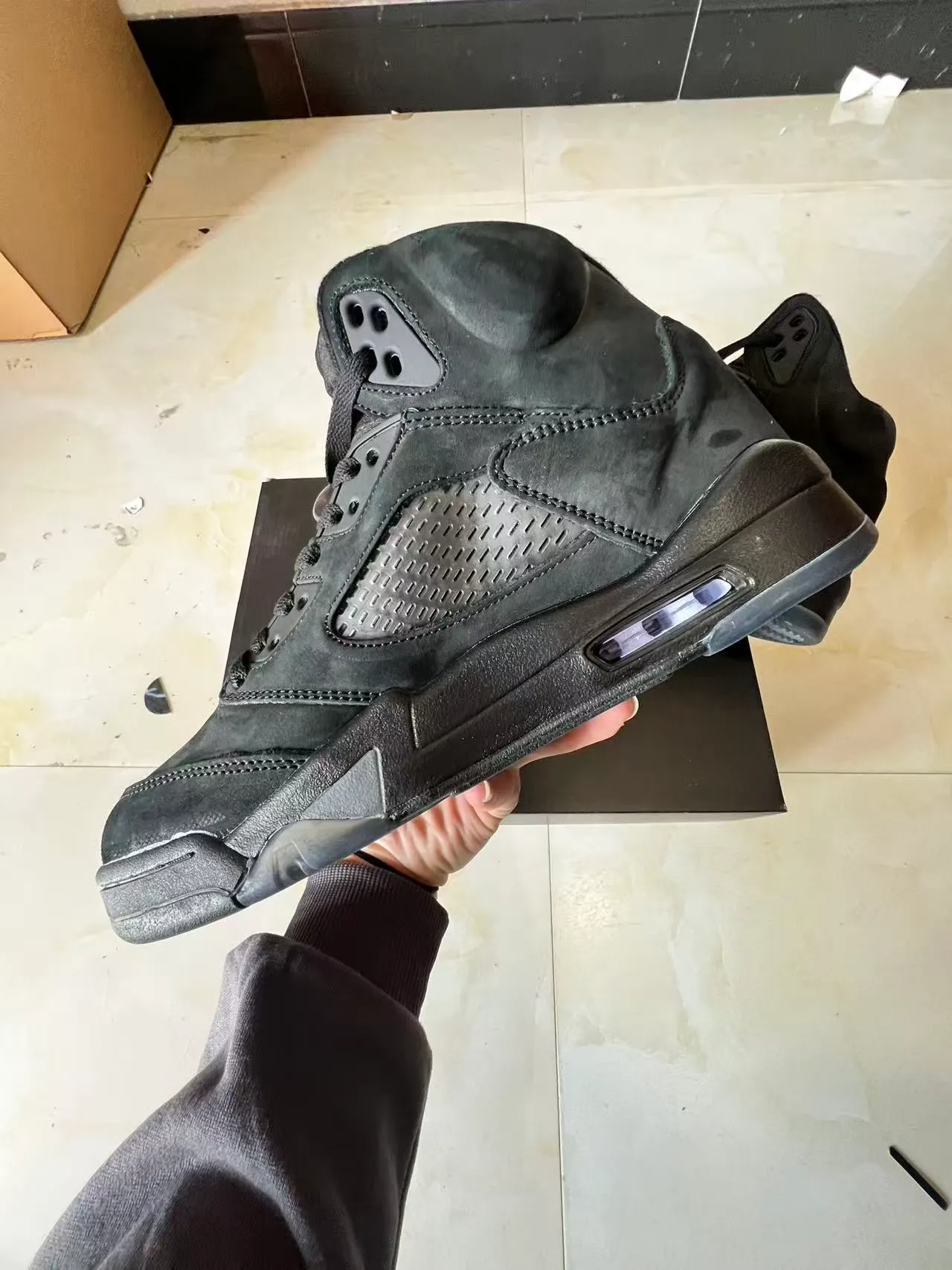Air Jordan 5 Tout Noir Cuir suédé Chaussures de basket-ball 5