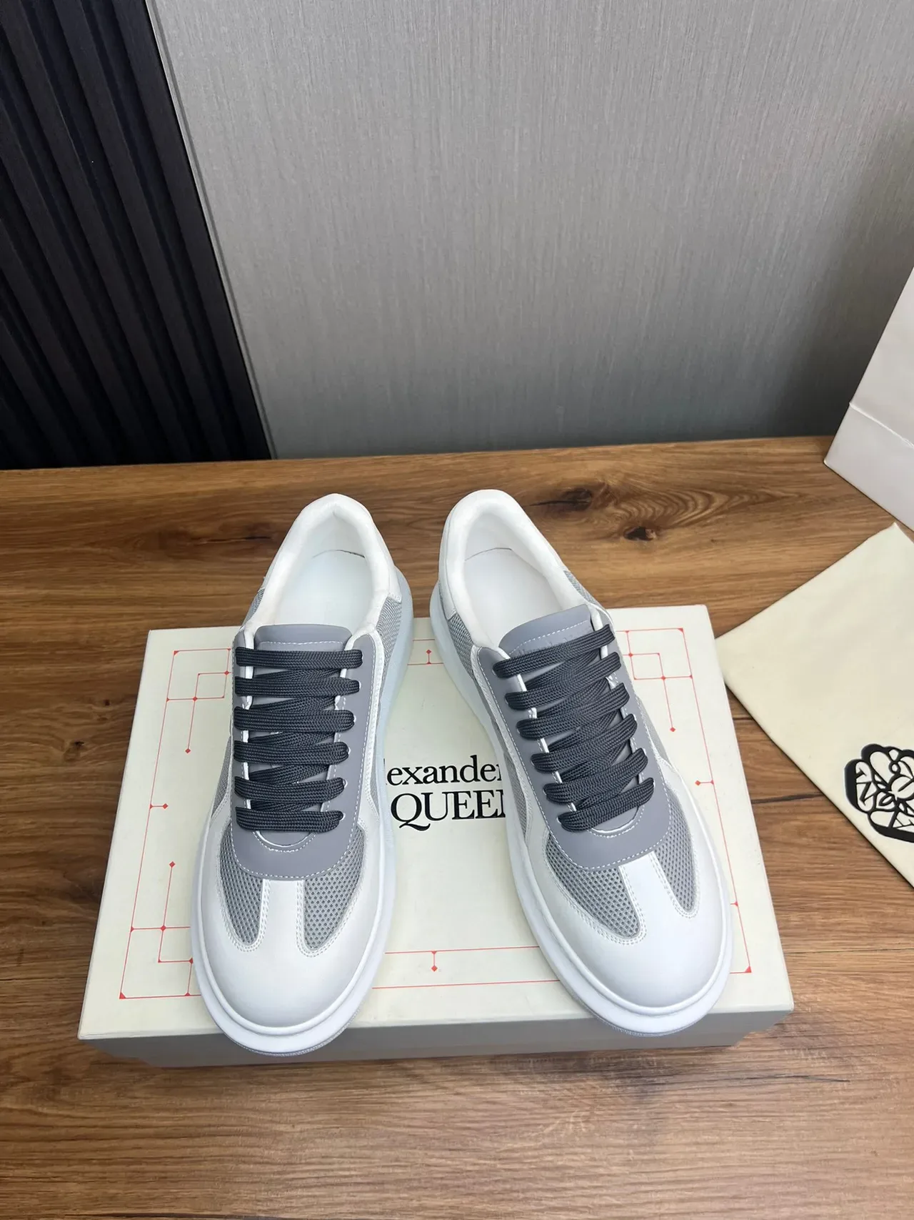 Alexander McQueen White Gray Oversized Platform Sole Mesh And Smooth Leather Paneling Lifestyle Sneakers 6