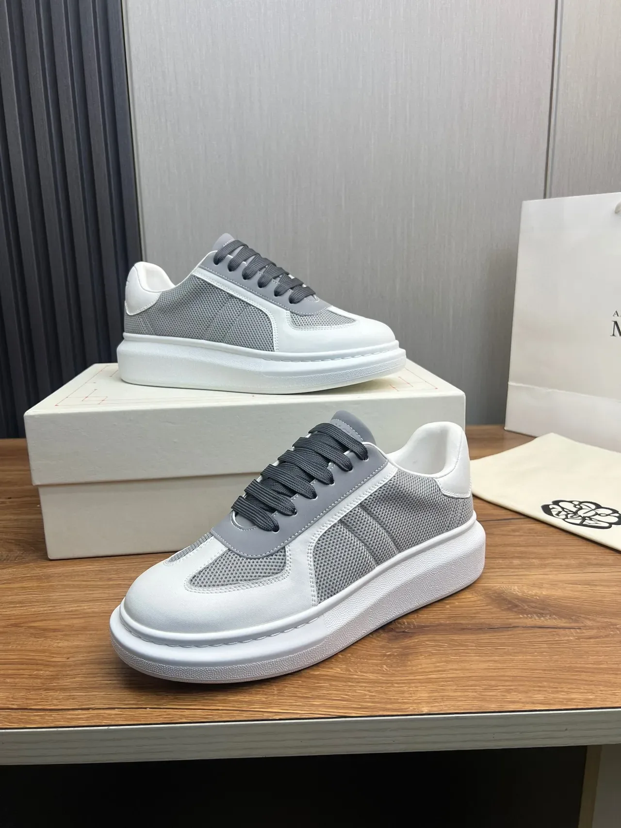 Alexander McQueen White Gray Oversized Platform Sole Mesh And Smooth Leather Paneling Lifestyle Sneakers 8